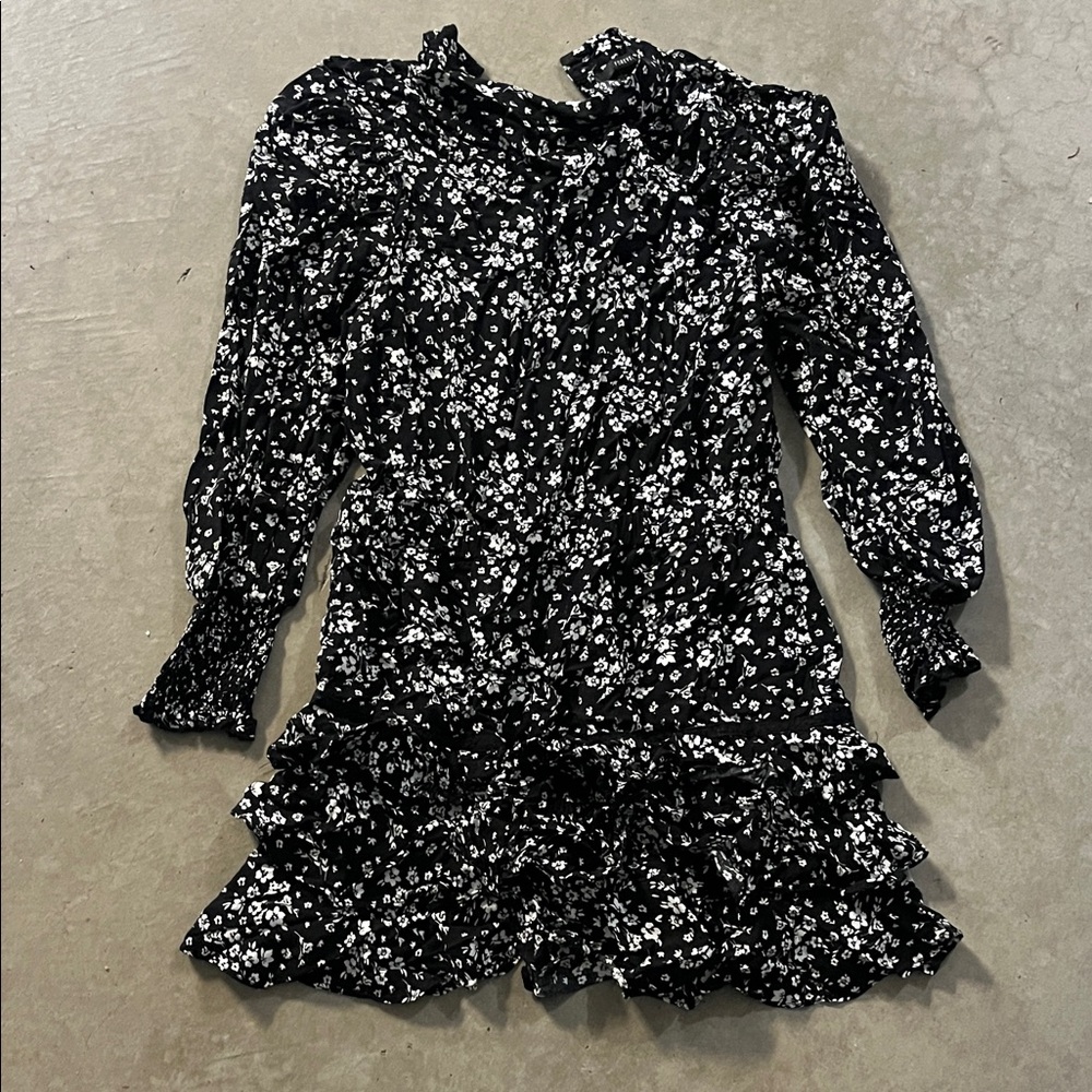 Floral Black and White Ruffle Turtleneck Dress
